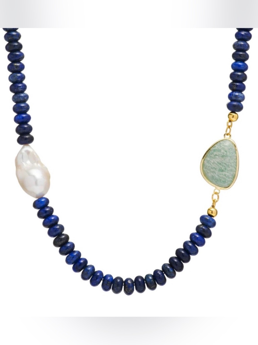 Lapis Bead Necklace with Baroque Pearl and Green Stone Accent